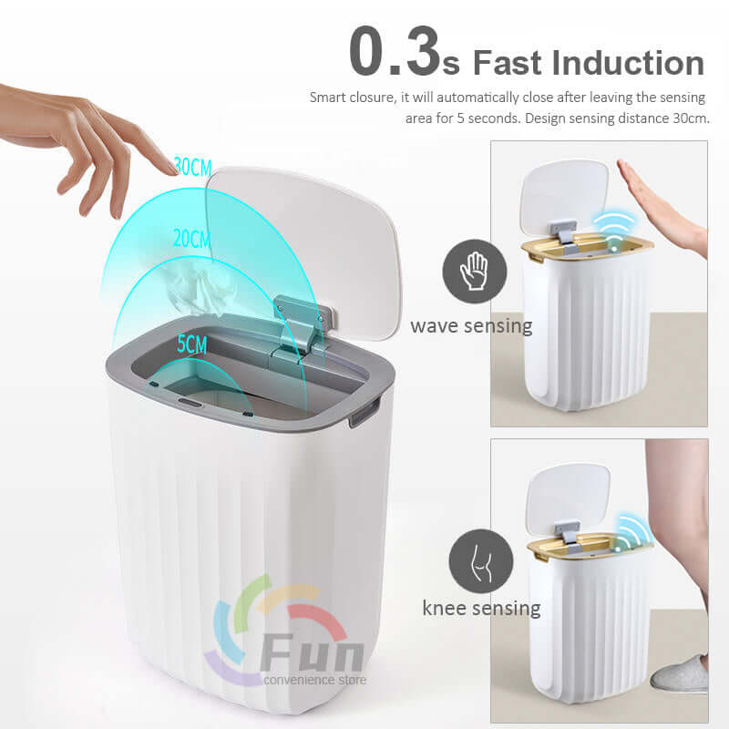 Smart Trash Dustbin with automatic lid showcasing wave and knee sensing for quick induction.