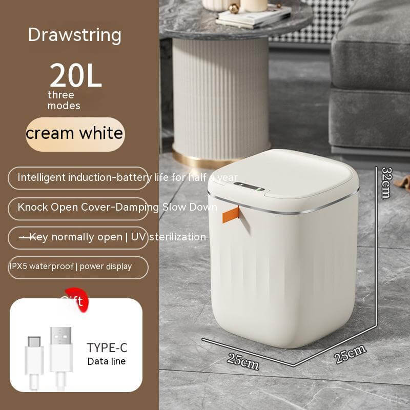 Smart Trash Dustbin - 20L automatic lid, UV sterilization, waterproof, ideal for bedroom, kitchen, car - Cream White.