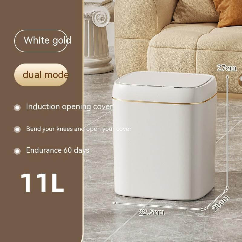 Smart Trash Dustbin in white gold with automatic lid for kitchen and bedroom, featuring dual mode and 11L capacity.