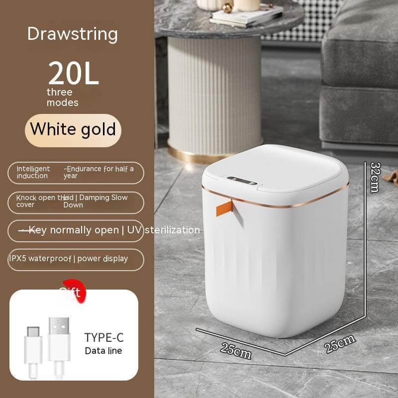 Smart Trash Dustbin with Automatic Lid for bedroom, kitchen, or car, featuring waterproof and UV sterilization functions.