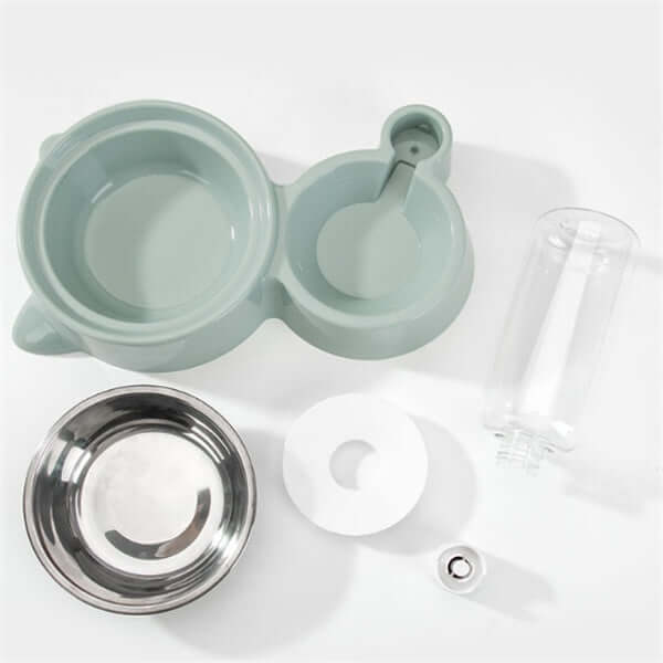 Exploded view of a Stainless Steel Dog Bowl with plastic base components for a non-slip feeding solution.