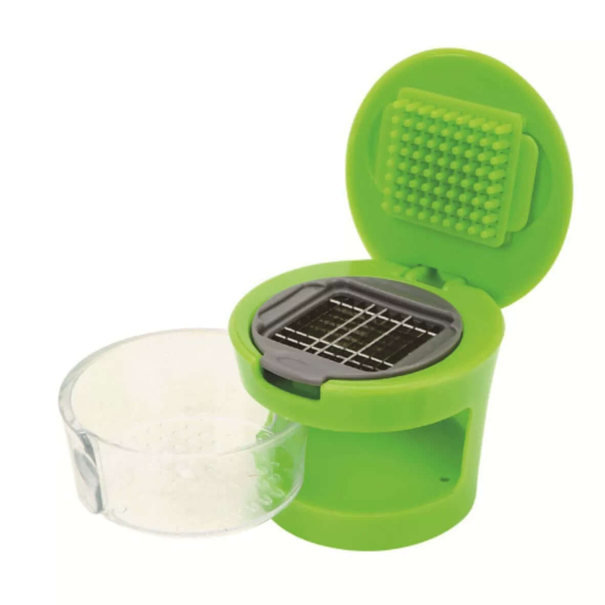 Stainless Steel Garlic Press, manual mincer, slicer, and grater in green color for home and restaurant kitchen use.