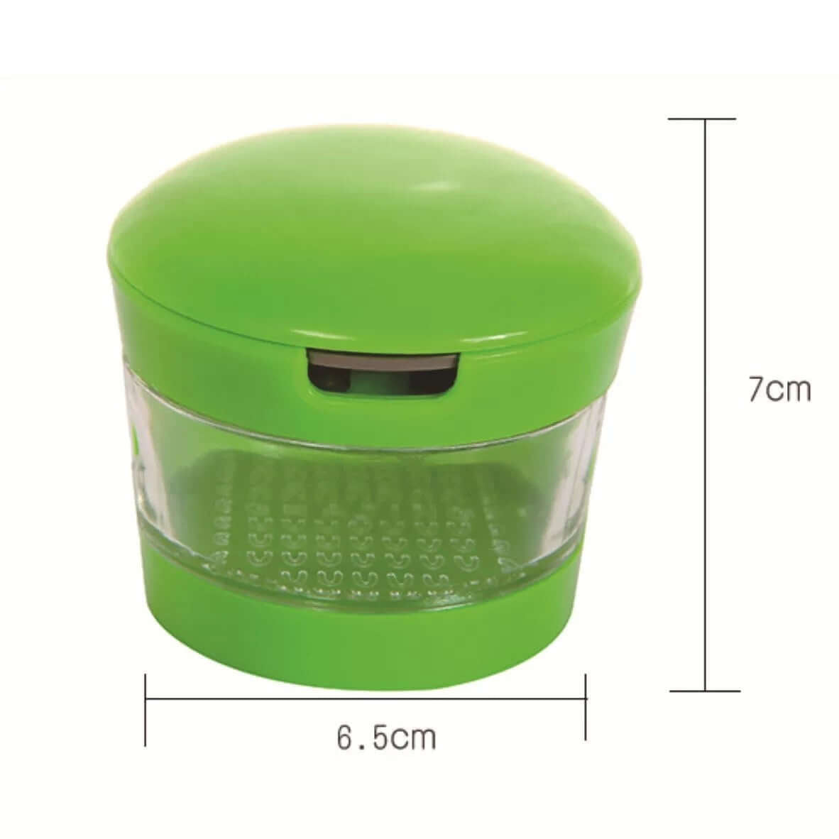 Green handheld manual mincer with dimensions, ideal for kitchen use.