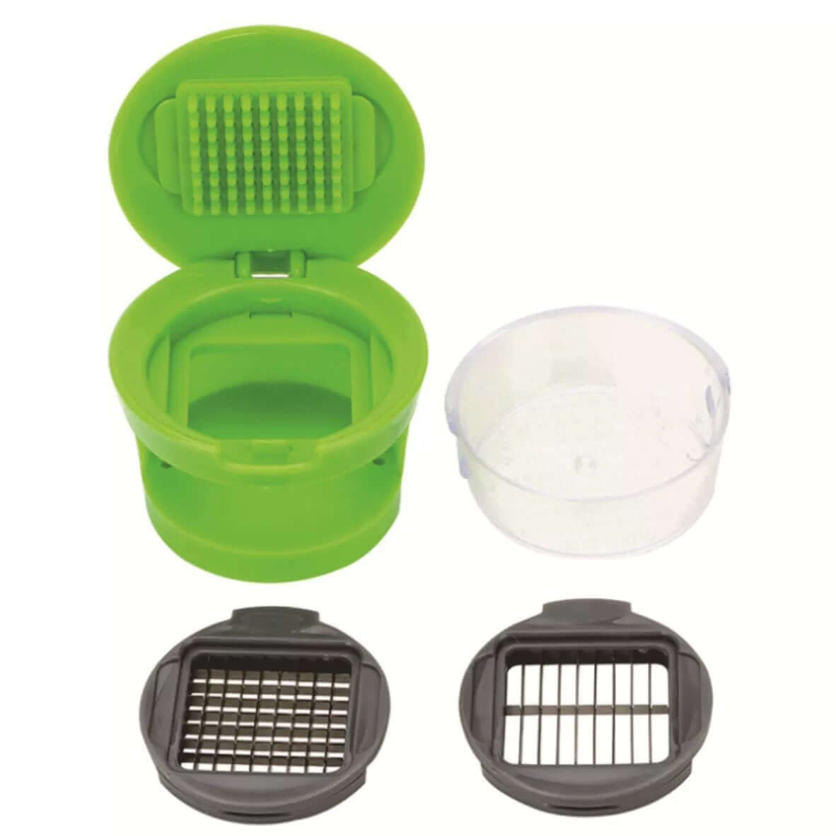 Stainless Steel Garlic Press with interchangeable mincer, slicer, and grater parts for efficient kitchen use.