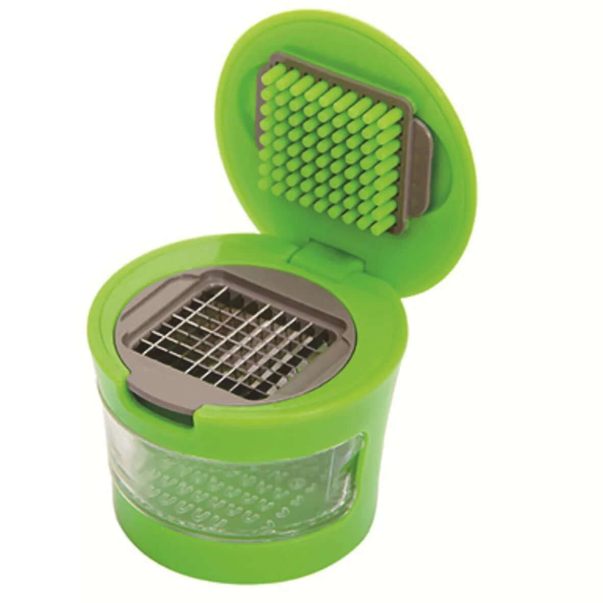 Stainless Steel Garlic Press shown open for mincing, slicing, & grating. Essential kitchen tool for home and restaurant use.