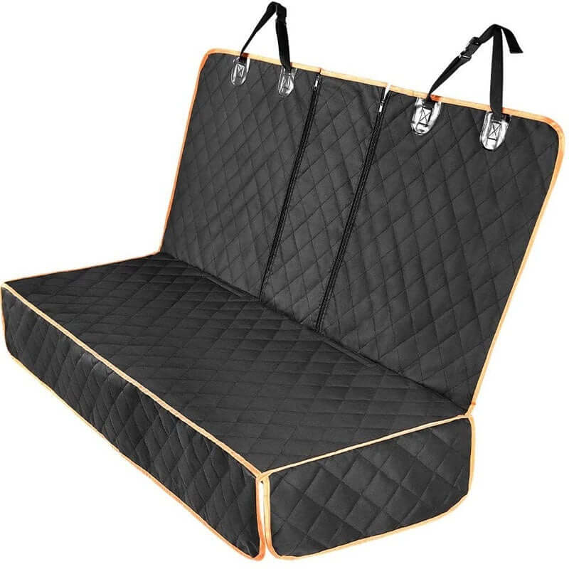 Black Waterproof Pet Car Seat Cushion for rear seats with quilted design and adjustable straps, ideal for safe pet travel.