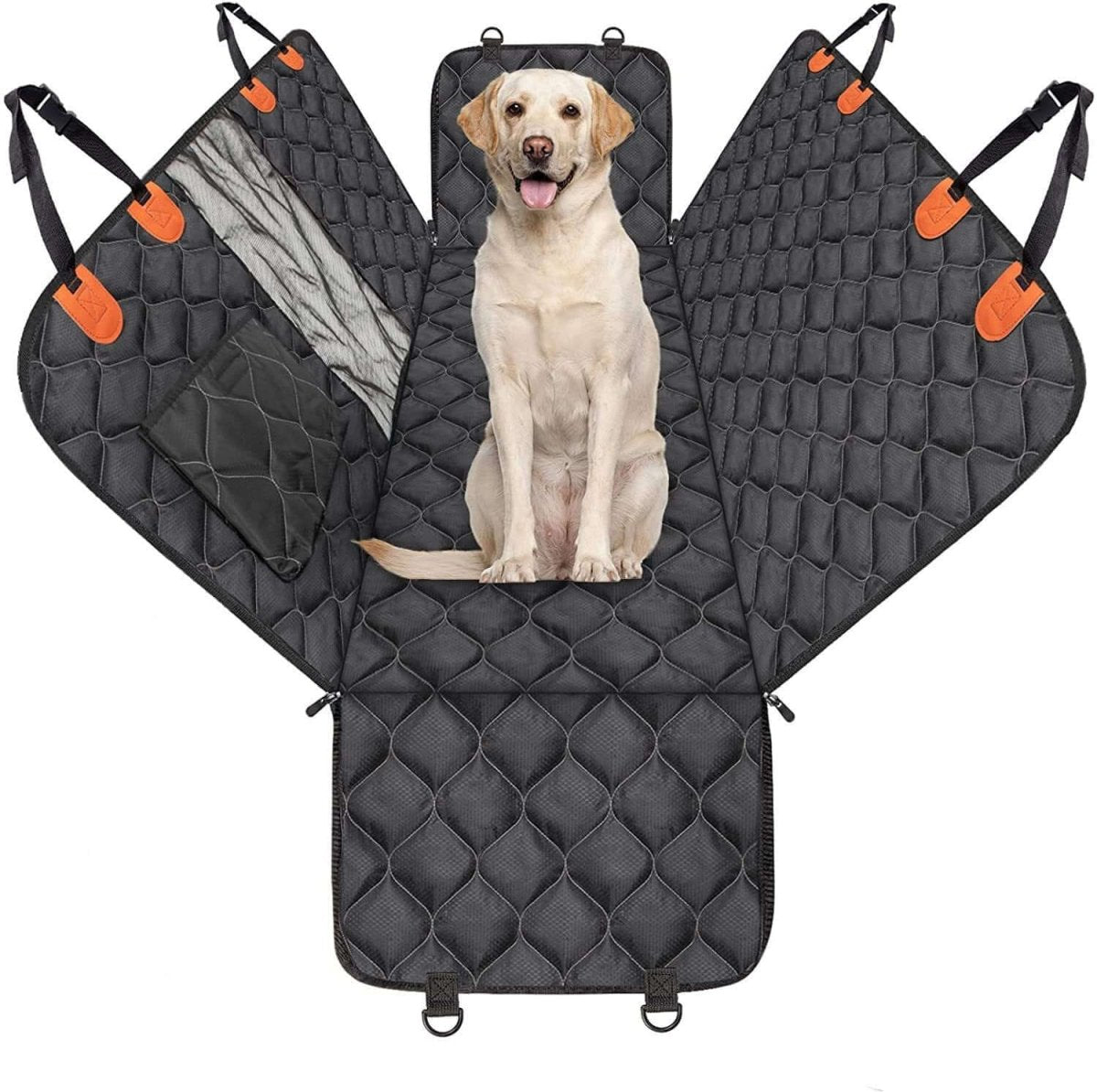 Waterproof Pet Car Seat Cushion with dog sitting, showcasing protective features for vehicle rear travel mat.
