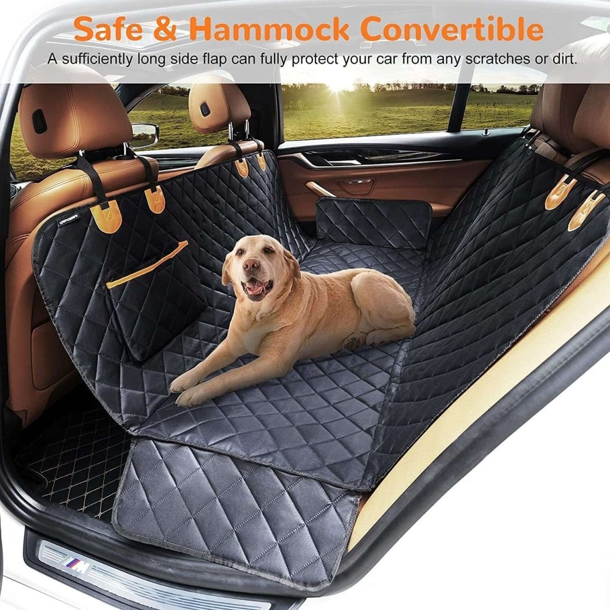Waterproof Pet Car Seat Cushion in rear seat with dog demonstrating safety and comfort features.