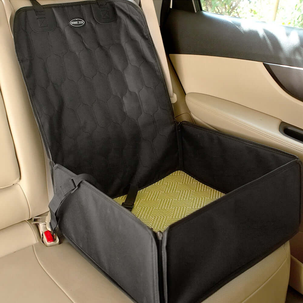 Waterproof Pet Car Seat Cushion in black, for rear travel, keeps car clean and protected, fits various car models.