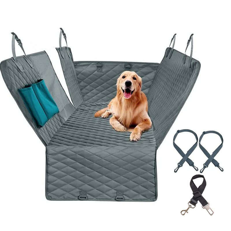 Waterproof Pet Car Seat Cushion with a dog, straps, and pocket features for safe and comfortable travel.
