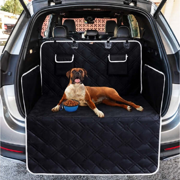 Waterproof Pet Car Seat Cushion with dog in car trunk, protects interior and ensures comfortable pet travel.