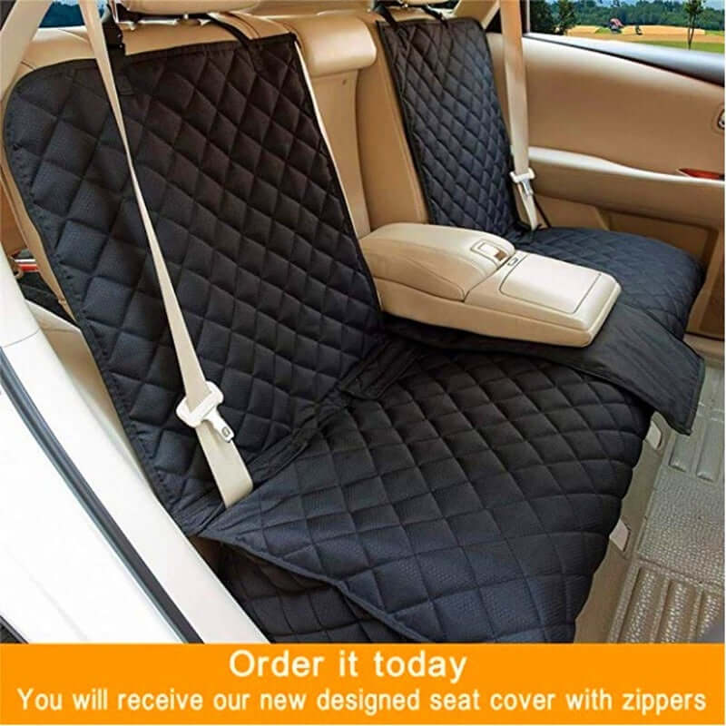 Black Waterproof Pet Car Seat Cushion installed on rear car seats, showcase quilted design & side straps for added security.