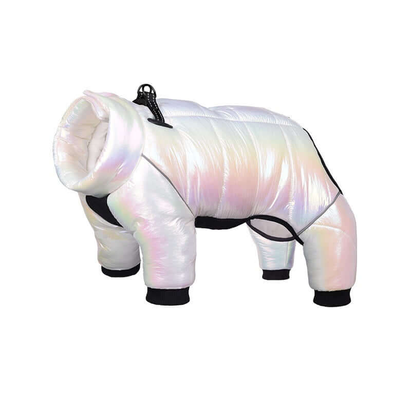 Small dog wearing a stylish, iridescent Waterproof Winter Dog Jacket designed for warmth and comfort.