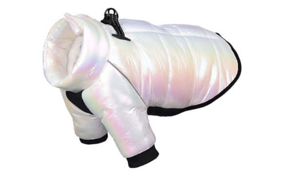 Waterproof Winter Dog Jacket for small dogs in iridescent white material, designed for warmth and comfort.