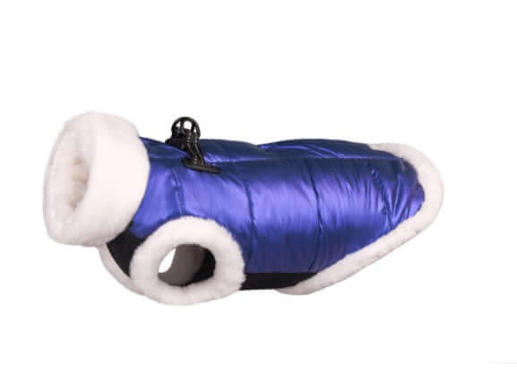 Waterproof Winter Dog Jacket in blue with soft white lining for small dogs, ensuring warmth and comfort.