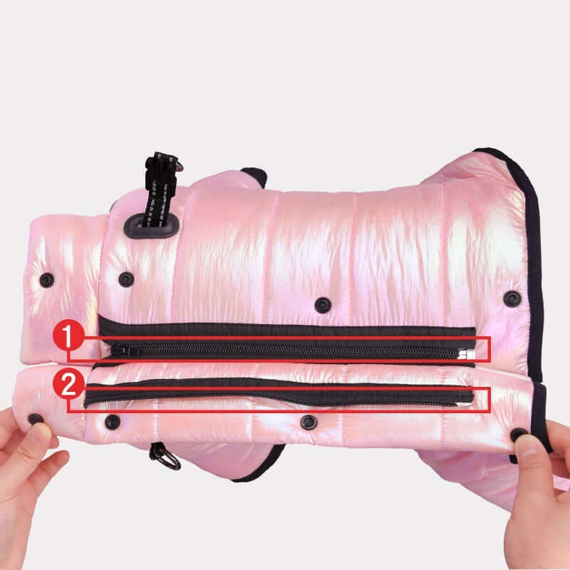 Waterproof Winter Dog Jacket in pink showing zipper details for small dogs