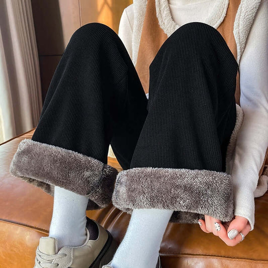 Women Wide Leg Pants: Black plush style.