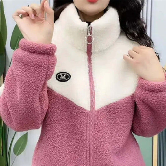 Fashionable Warm Women's Casual Jacket in pink and white, featuring a cozy design ideal for cold weather.