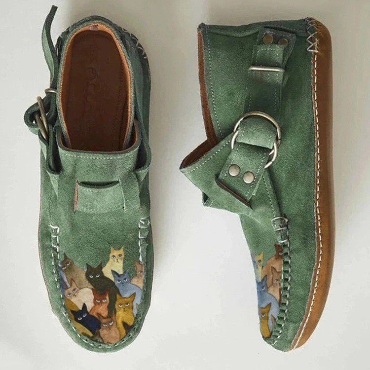 Women's Suede Ankle Boots with 3D Cat Print, Round Toe and Flat Heel in Green - Unique Fashionable Footwear