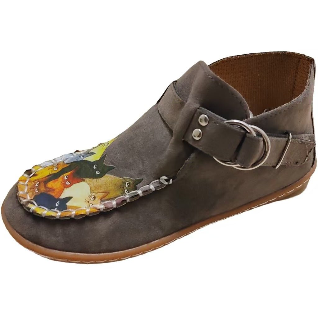 Women's Suede Ankle Boots with 3D cat print and round toe, featuring a stylish flat heel for comfort.