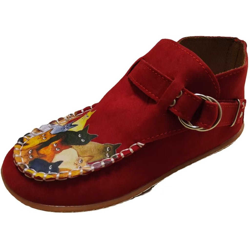Women's Suede Ankle Boots with 3D Cat Print, Round Toe, Red Color