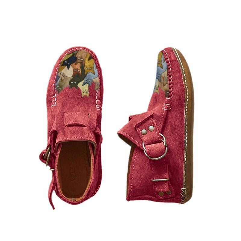 Women's Suede Ankle Boots with 3D cat print and round toe, featuring vibrant colors and comfortable fit.