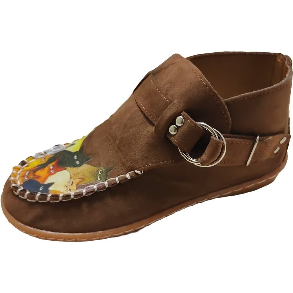 Women's Suede Ankle Boots with 3D Cat Print and Round Toe